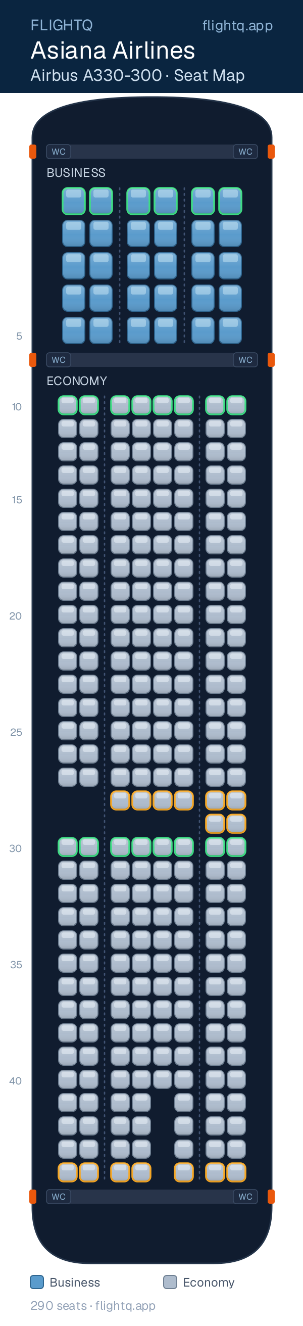 Asiana Airlines Airbus A330-300 seat map with 290 seats across 2 cabins — best seats and rows to avoid