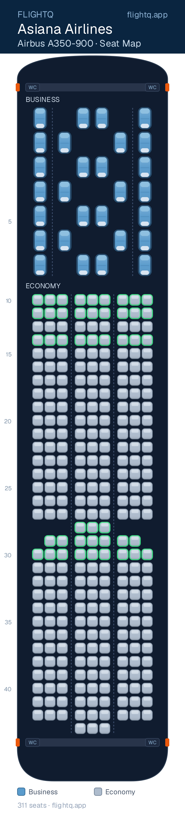 Asiana Airlines Airbus A350-900 seat map with 311 seats across 2 cabins — best seats and rows to avoid