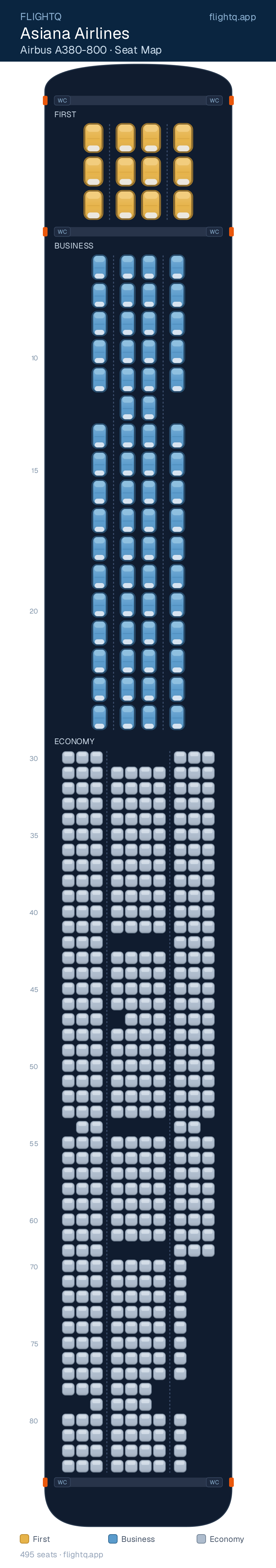 Asiana Airlines Airbus A380-800 seat map with 495 seats across 3 cabins — best seats and rows to avoid