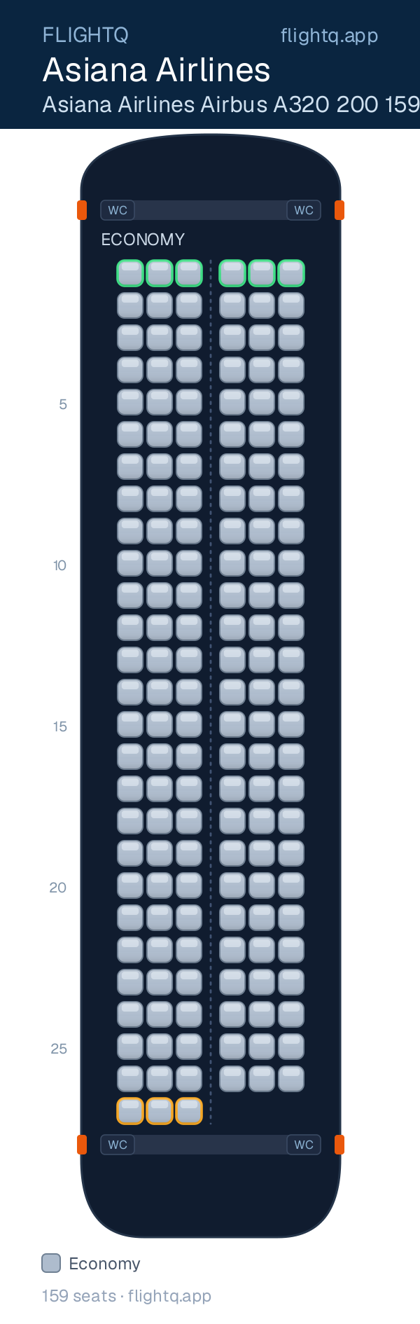 Asiana Airlines Airbus A320 seat map with 159 seats — best seats and rows to avoid