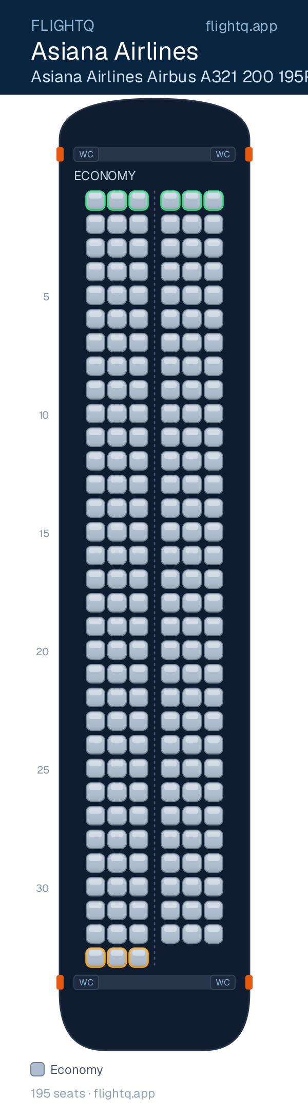 Asiana Airlines Airbus A321 seat map with 195 seats — best seats and rows to avoid