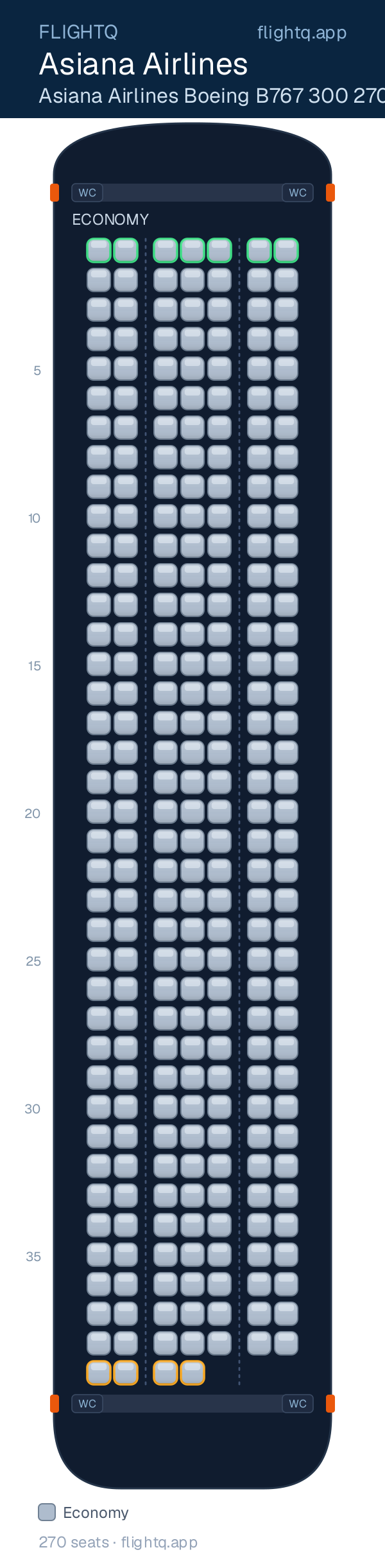Asiana Airlines Boeing 767-300ER seat map with 270 seats — best seats and rows to avoid