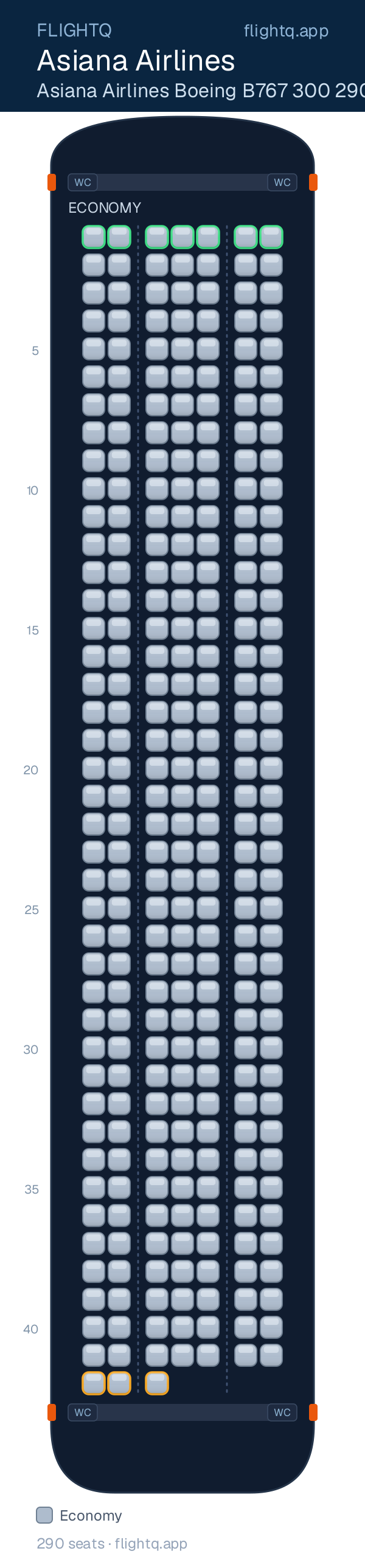 Asiana Airlines Boeing 767-300ER seat map with 290 seats — best seats and rows to avoid