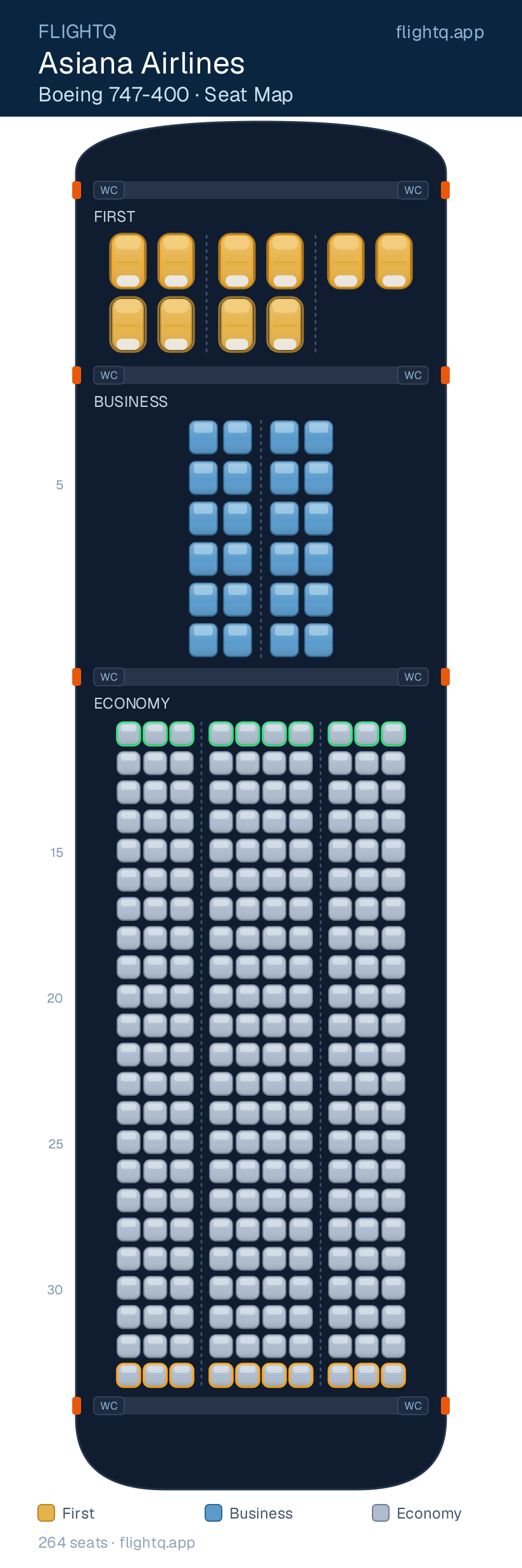 Asiana Airlines Boeing 747-400 seat map with 264 seats across 3 cabins — best seats and rows to avoid