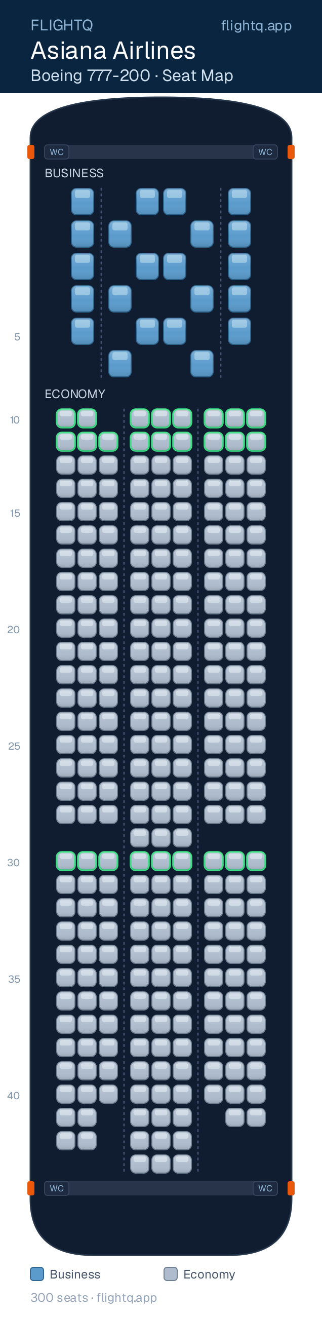 Asiana Airlines Boeing 777-200 seat map with 300 seats across 2 cabins — best seats and rows to avoid