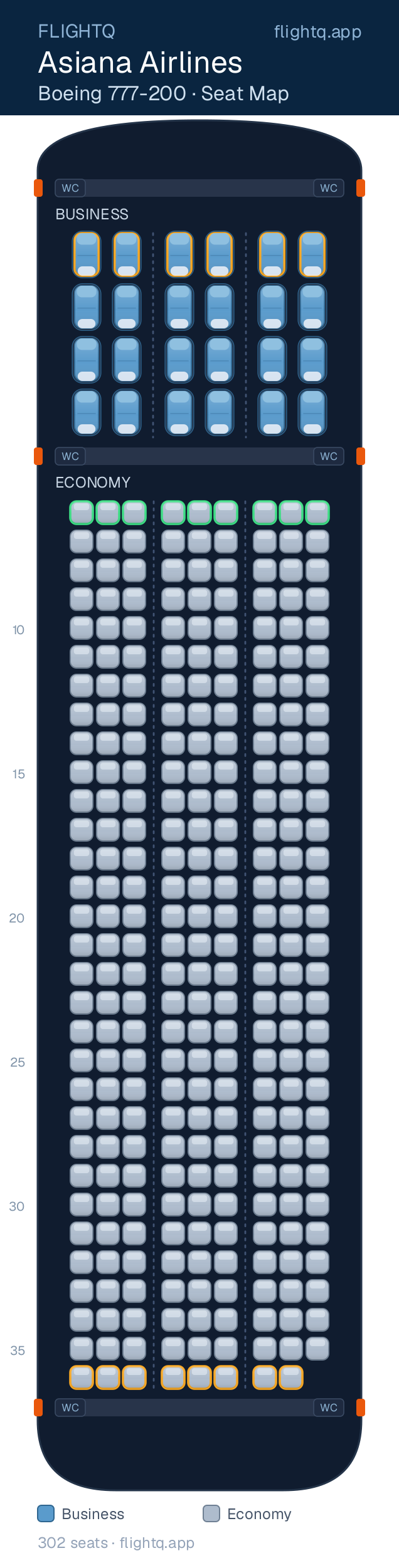 Asiana Airlines Boeing 777-200 seat map with 302 seats across 2 cabins — best seats and rows to avoid