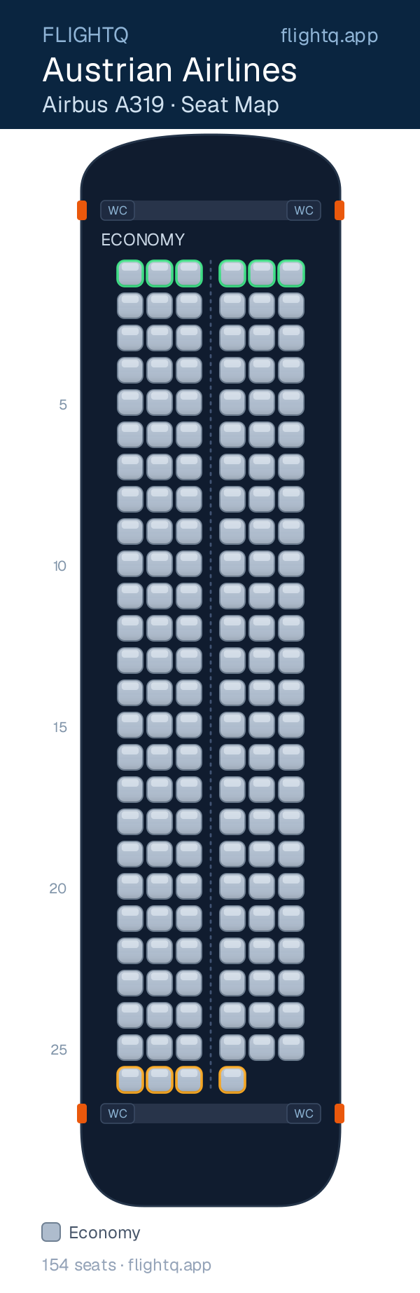 Austrian Airlines Airbus A319 seat map with 154 seats — best seats and rows to avoid