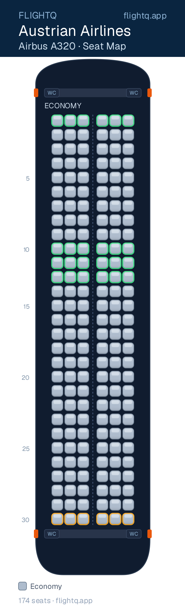 Austrian Airlines Airbus A320 seat map with 174 seats — best seats and rows to avoid