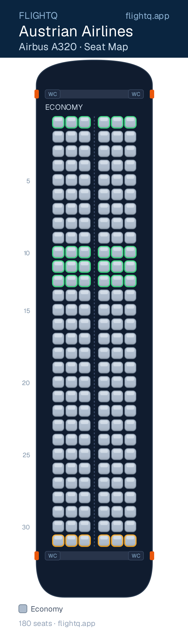 Austrian Airlines Airbus A320 seat map with 180 seats — best seats and rows to avoid
