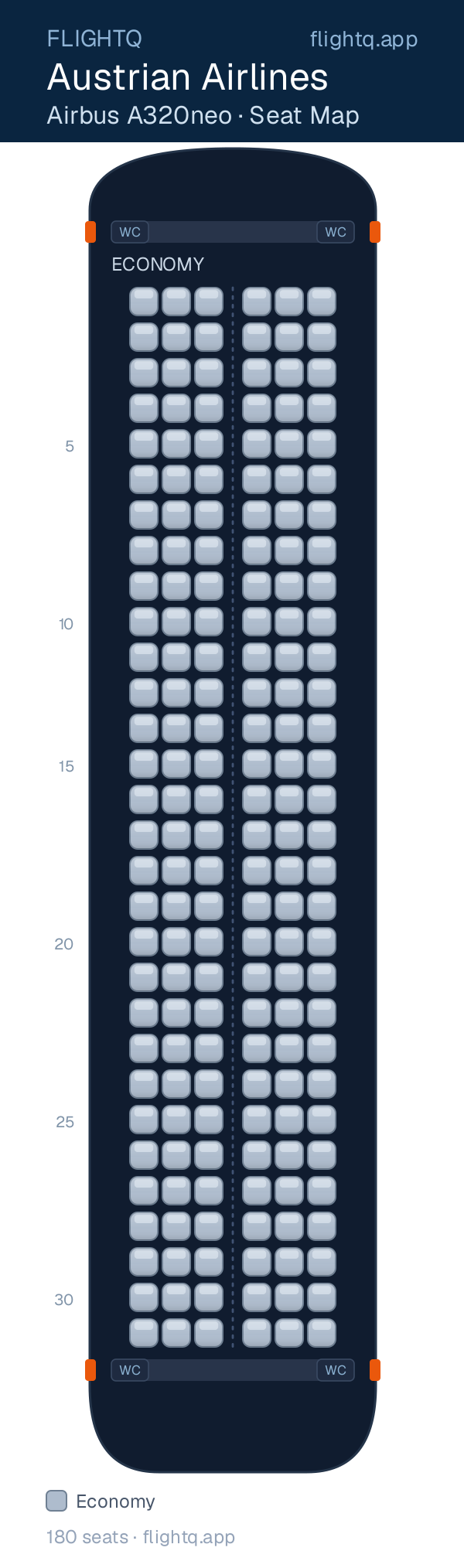 Austrian Airlines Airbus A320neo seat map with 180 seats — best seats and rows to avoid
