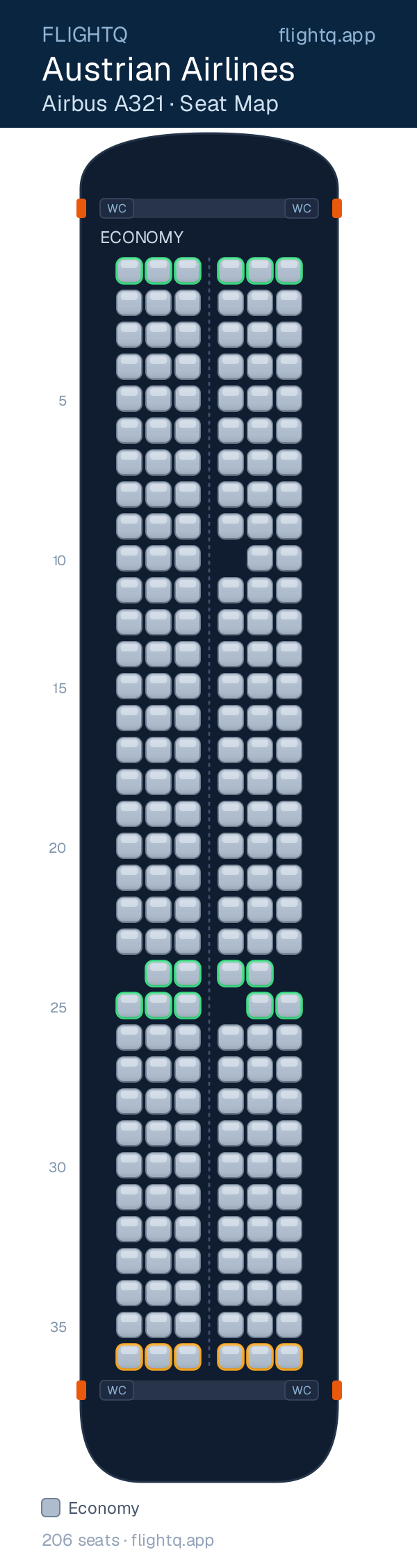 Austrian Airlines Airbus A321 seat map with 206 seats — best seats and rows to avoid