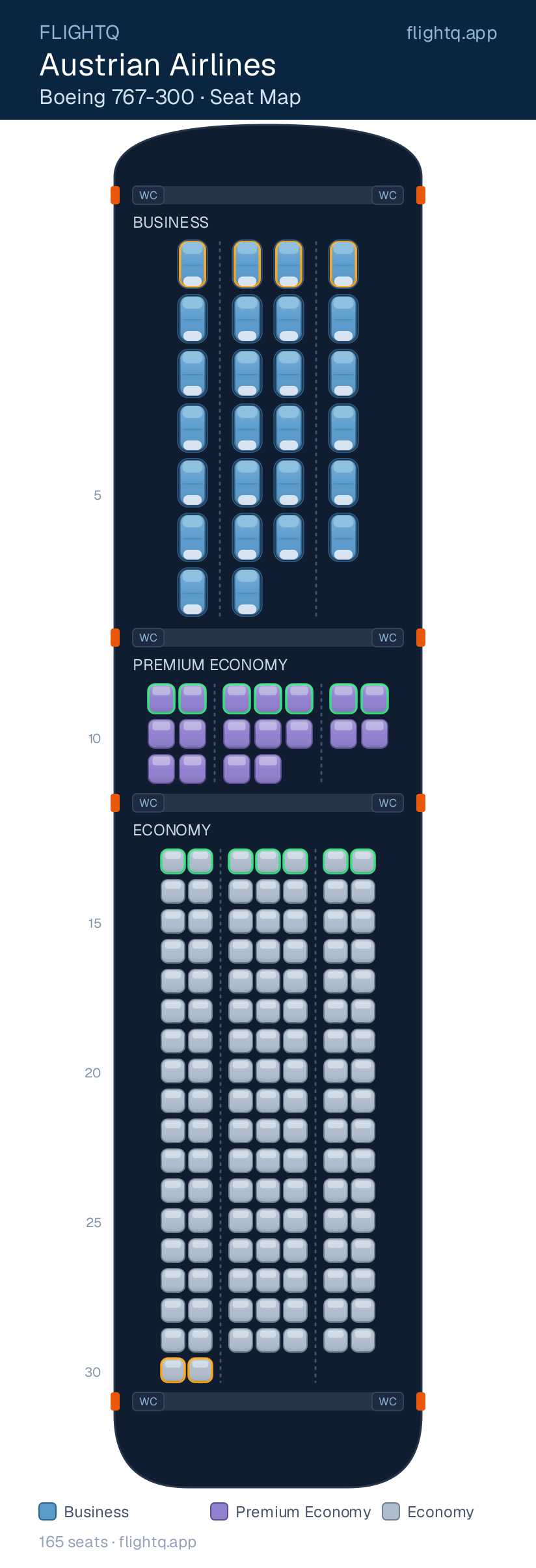 Austrian Airlines Boeing 767-300ER seat map with 165 seats across 3 cabins — best seats and rows to avoid