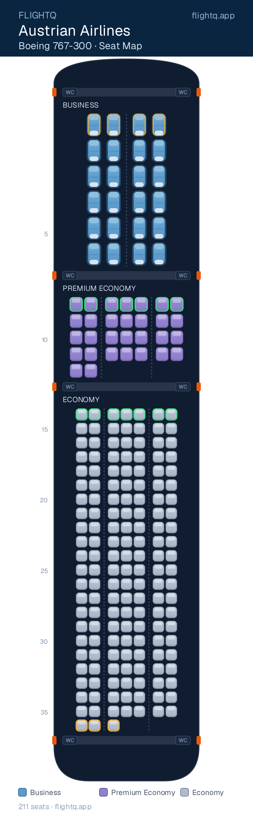 Austrian Airlines Boeing 767-300ER seat map with 211 seats across 3 cabins — best seats and rows to avoid