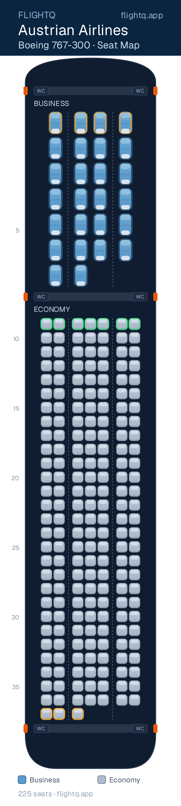 Austrian Airlines Boeing 767-300ER seat map with 225 seats across 2 cabins — best seats and rows to avoid