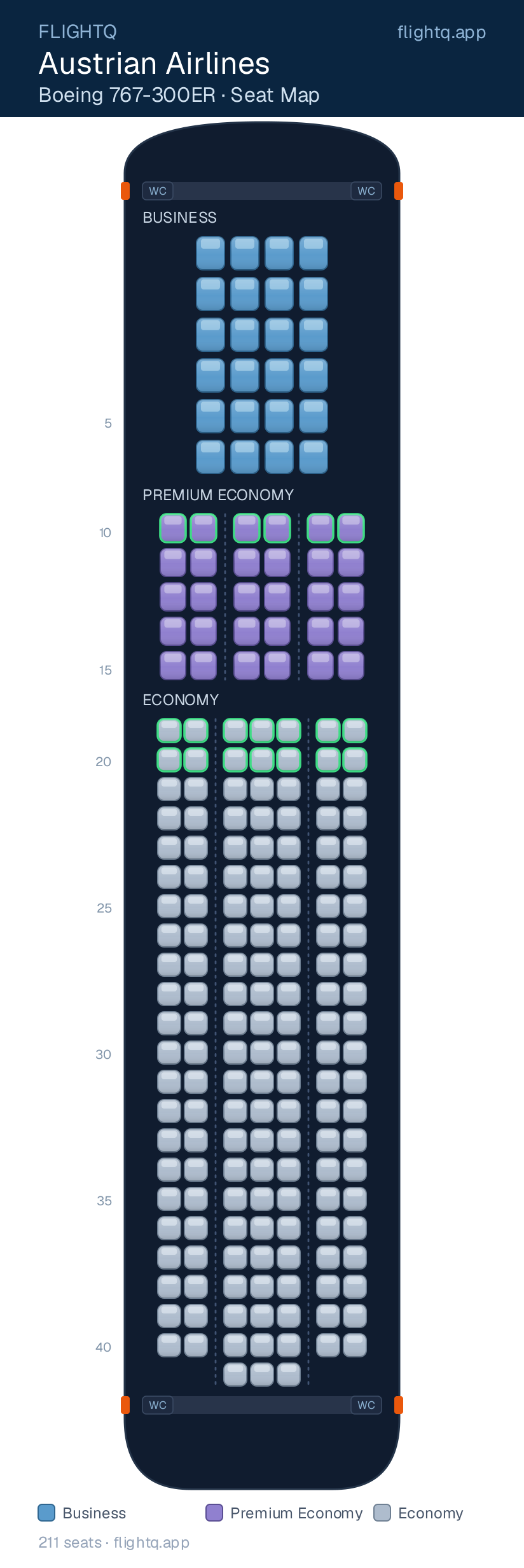 Austrian Airlines Boeing 767-300ER seat map with 211 seats across 3 cabins — best seats and rows to avoid