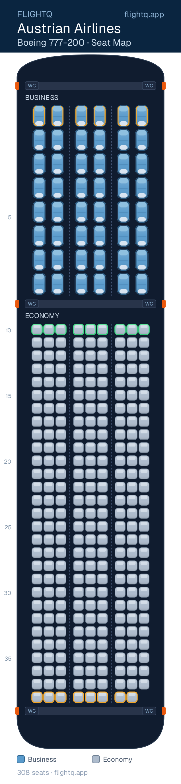 Austrian Airlines Boeing 777-200 seat map with 308 seats across 2 cabins — best seats and rows to avoid