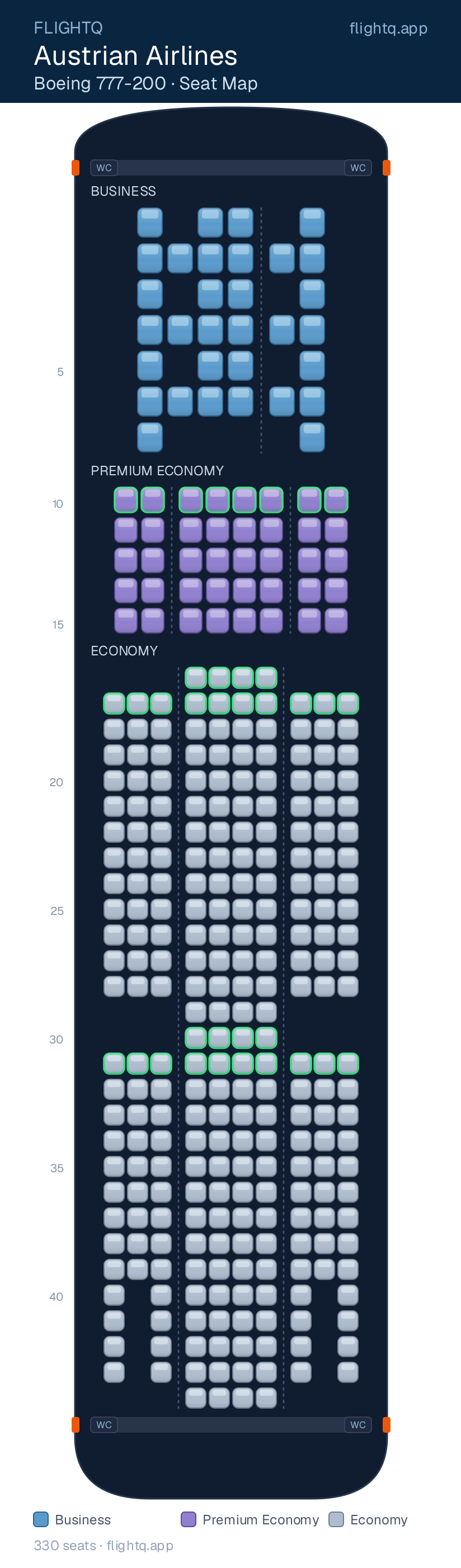 Austrian Airlines Boeing 777-200 seat map with 330 seats across 3 cabins — best seats and rows to avoid