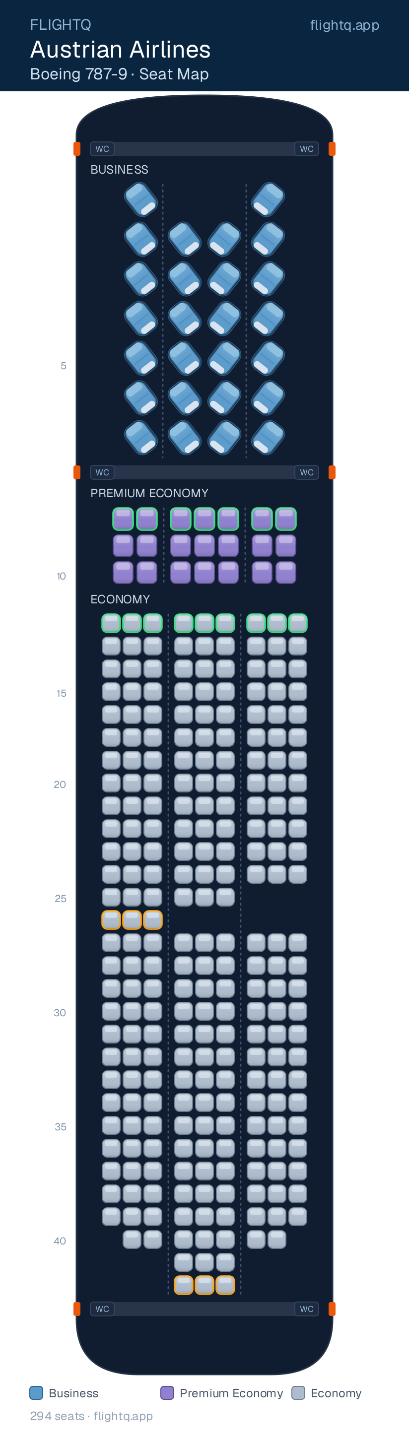 Austrian Airlines Boeing 787-9 Dreamliner seat map with 294 seats across 3 cabins — best seats and rows to avoid
