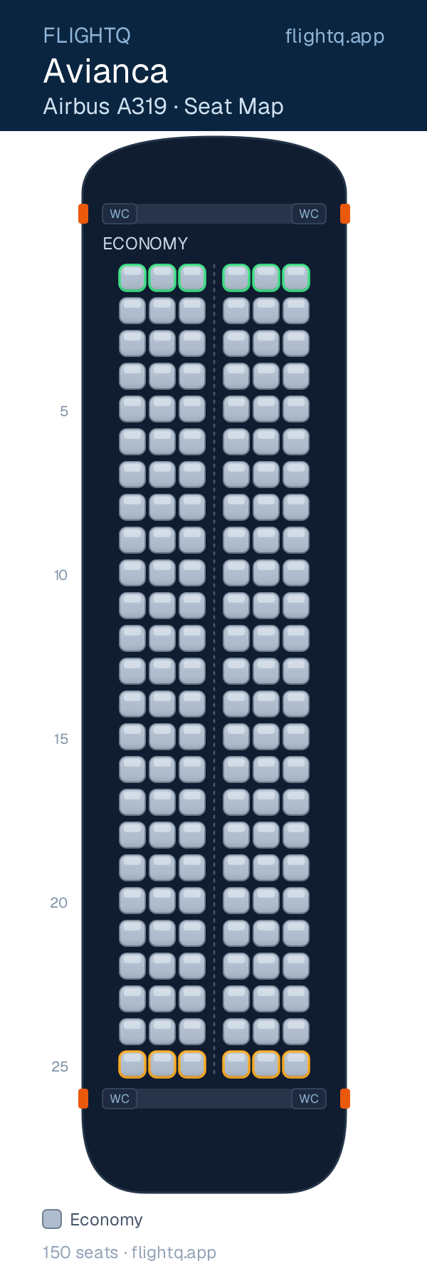 Avianca Airbus A319 seat map with 150 seats — best seats and rows to avoid