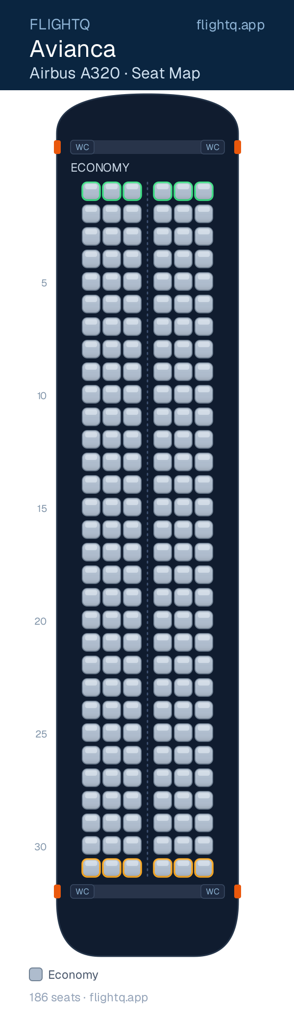 Avianca Airbus A320 seat map with 186 seats — best seats and rows to avoid