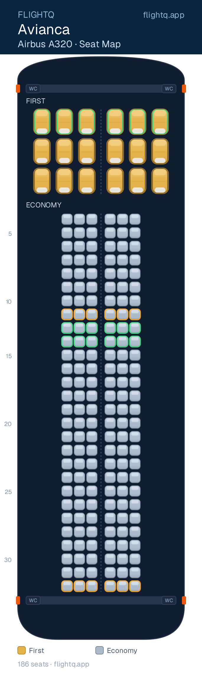 Avianca Airbus A320 seat map with 186 seats across 2 cabins — best seats and rows to avoid