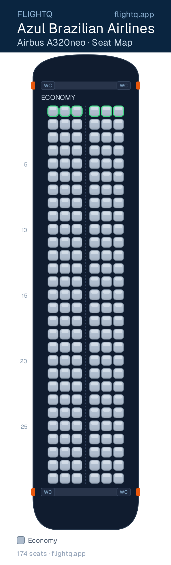 Azul Brazilian Airlines Airbus A320neo seat map with 174 seats — best seats and rows to avoid