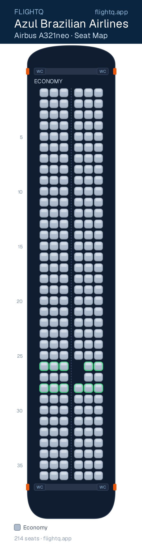 Azul Brazilian Airlines Airbus A321neo seat map with 214 seats — best seats and rows to avoid