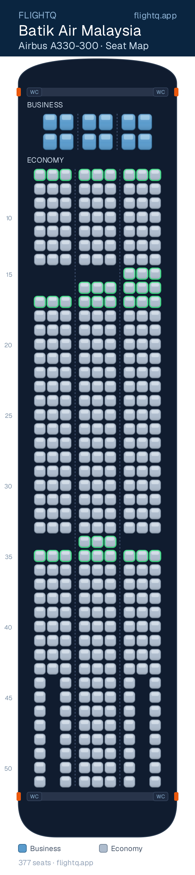 Batik Air Malaysia Airbus A330-300 seat map with 377 seats across 2 cabins — best seats and rows to avoid