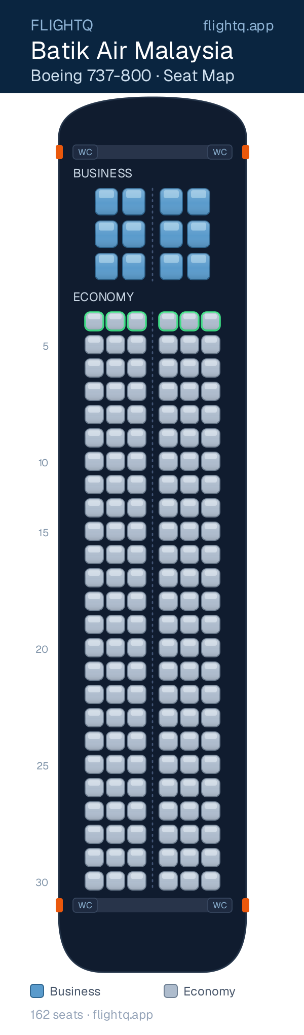 Batik Air Malaysia Boeing 737-800 seat map with 162 seats across 2 cabins — best seats and rows to avoid