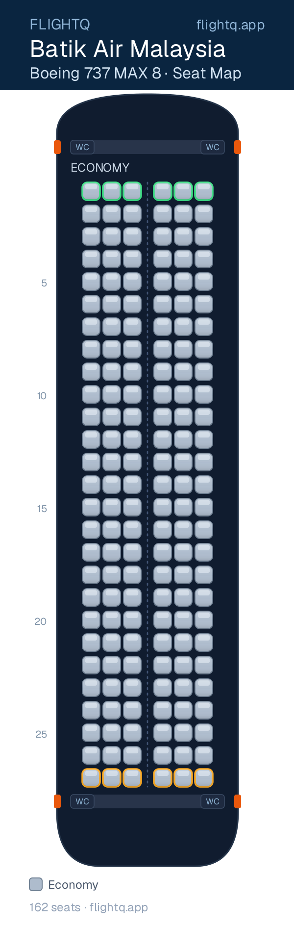 Batik Air Malaysia Boeing 737 MAX 8 seat map with 162 seats — best seats and rows to avoid