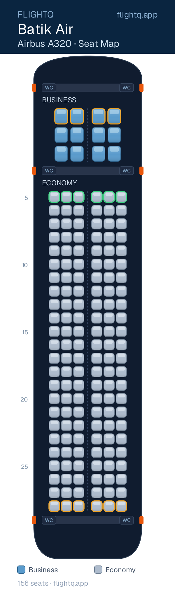 Batik Air Airbus A320 seat map with 156 seats across 2 cabins — best seats and rows to avoid