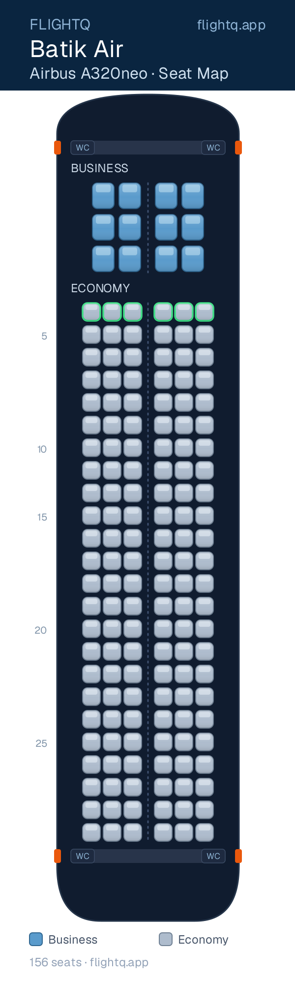 Batik Air Airbus A320neo seat map with 156 seats across 2 cabins — best seats and rows to avoid