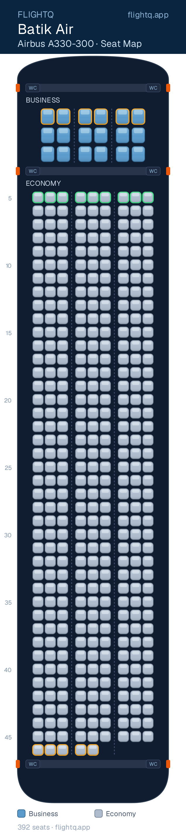 Batik Air Airbus A330-300 seat map with 392 seats across 2 cabins — best seats and rows to avoid