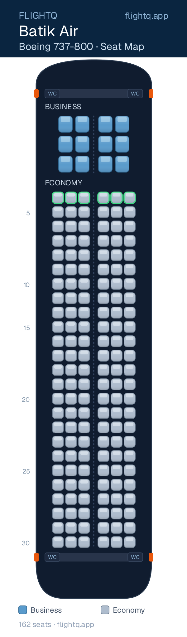 Batik Air Boeing 737-800 seat map with 162 seats across 2 cabins — best seats and rows to avoid