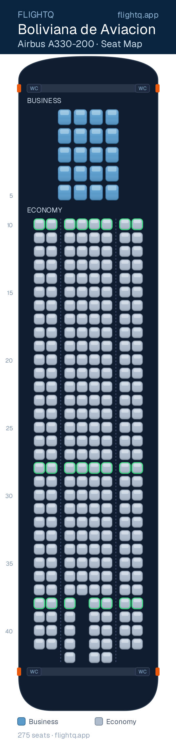Boliviana de Aviacion Airbus A330-200 seat map with 275 seats across 2 cabins — best seats and rows to avoid