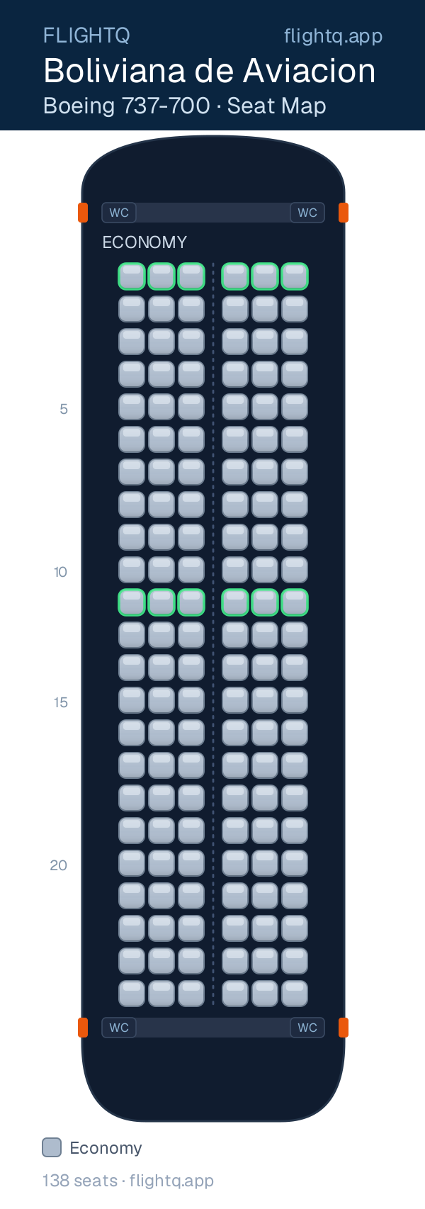 Boliviana de Aviacion Boeing 737-700 seat map with 138 seats — best seats and rows to avoid