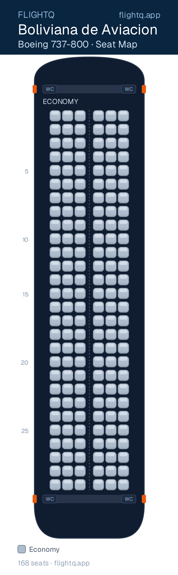 Boliviana de Aviacion Boeing 737-800 seat map with 168 seats — best seats and rows to avoid