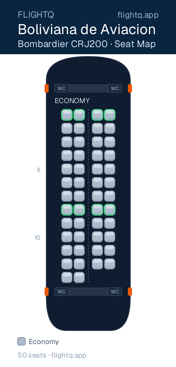 Boliviana de Aviacion Bombardier CRJ200 seat map with 50 seats — best seats and rows to avoid