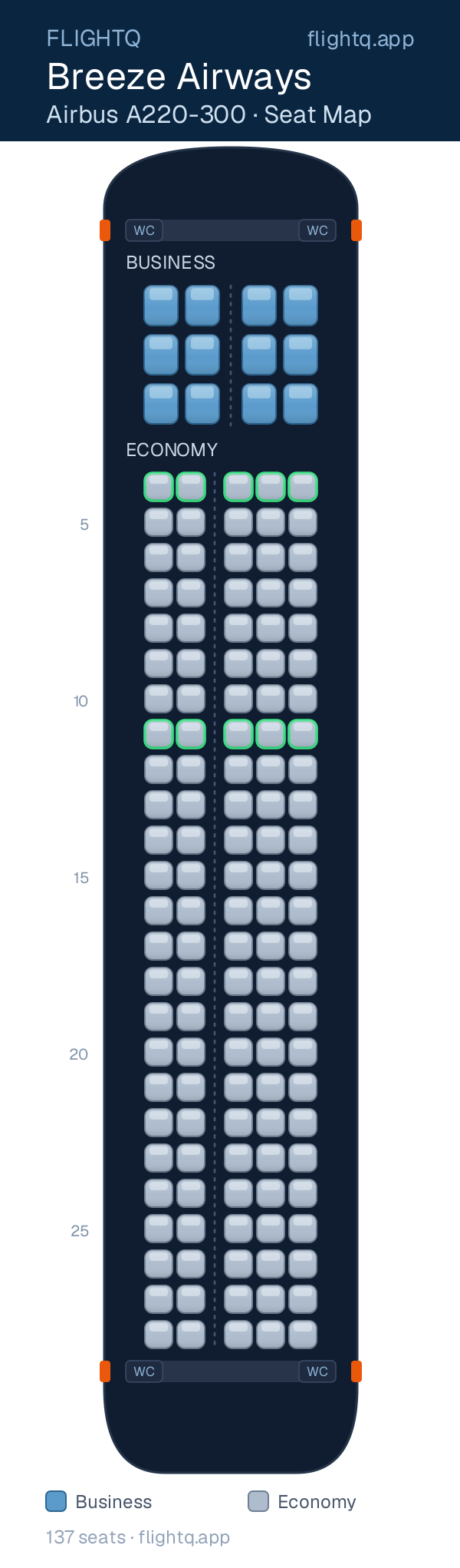 Breeze Airways Airbus A220-300 seat map with 137 seats across 2 cabins — best seats and rows to avoid