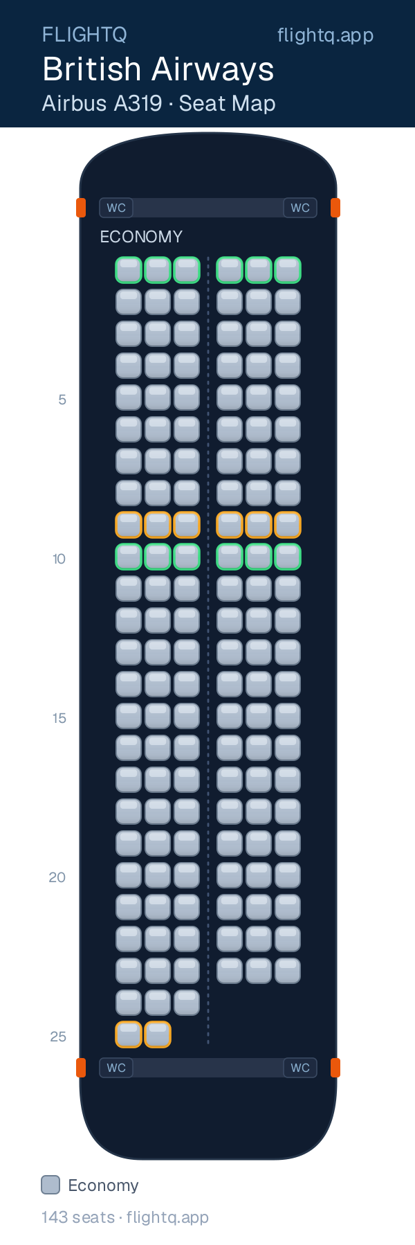 British Airways Airbus A319 seat map with 143 seats — best seats and rows to avoid