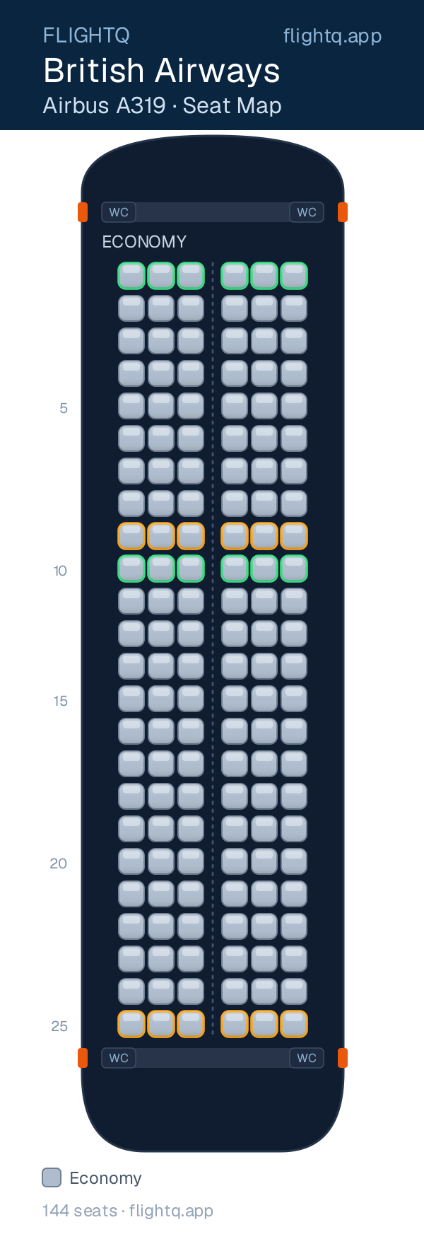 British Airways Airbus A319 seat map with 144 seats — best seats and rows to avoid