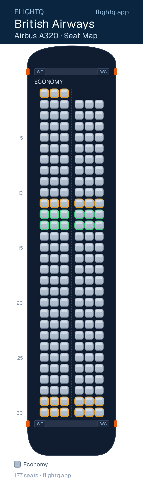 British Airways Airbus A320 seat map with 177 seats — best seats and rows to avoid