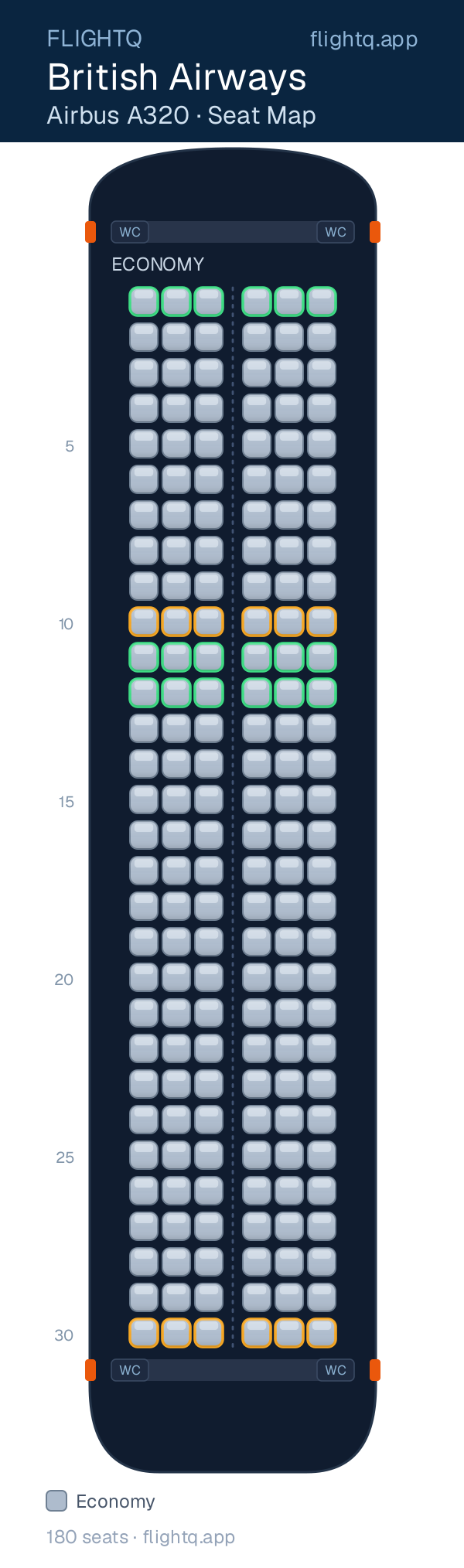British Airways Airbus A320 seat map with 180 seats — best seats and rows to avoid