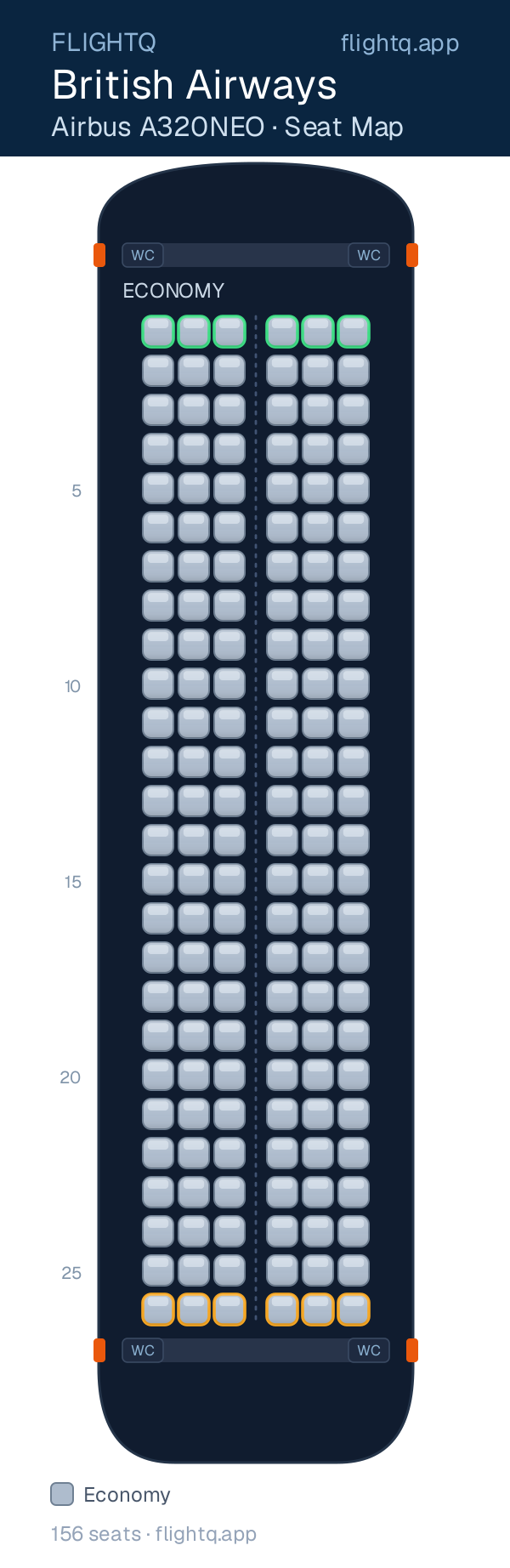 British Airways Airbus A320 seat map with 156 seats — best seats and rows to avoid
