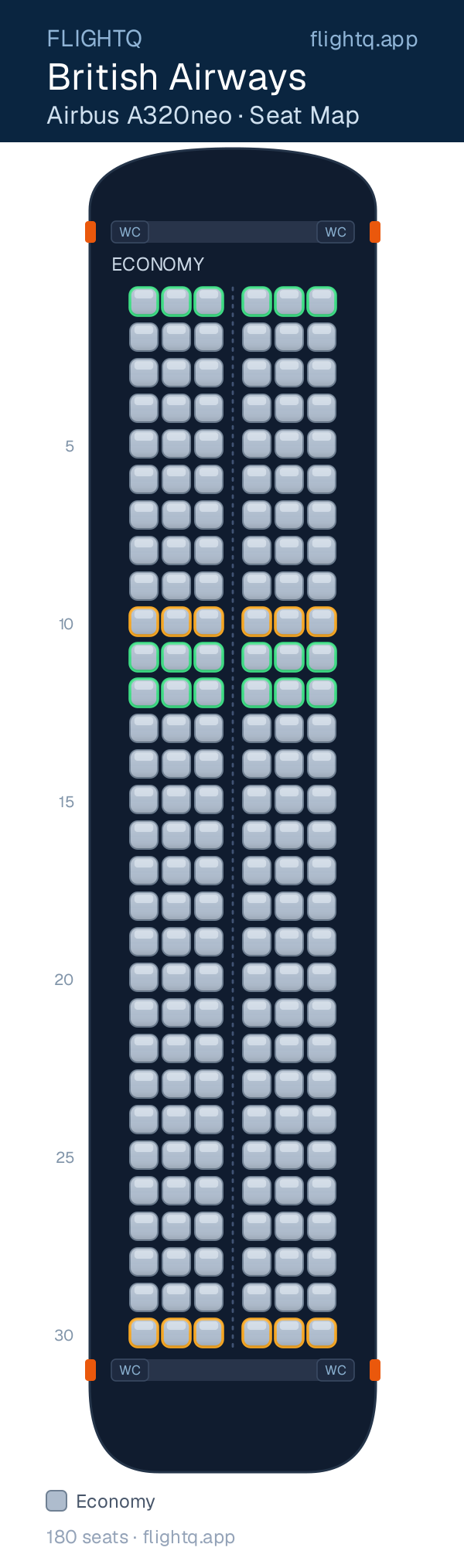 British Airways Airbus A320 seat map with 180 seats — best seats and rows to avoid