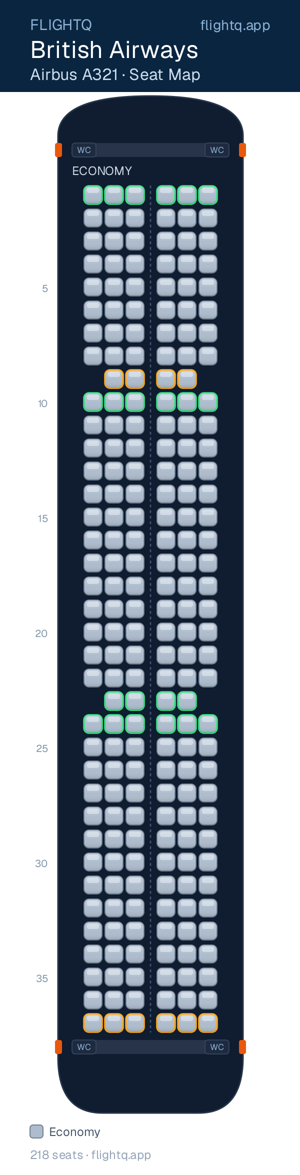 British Airways Airbus A321 seat map with 218 seats — best seats and rows to avoid