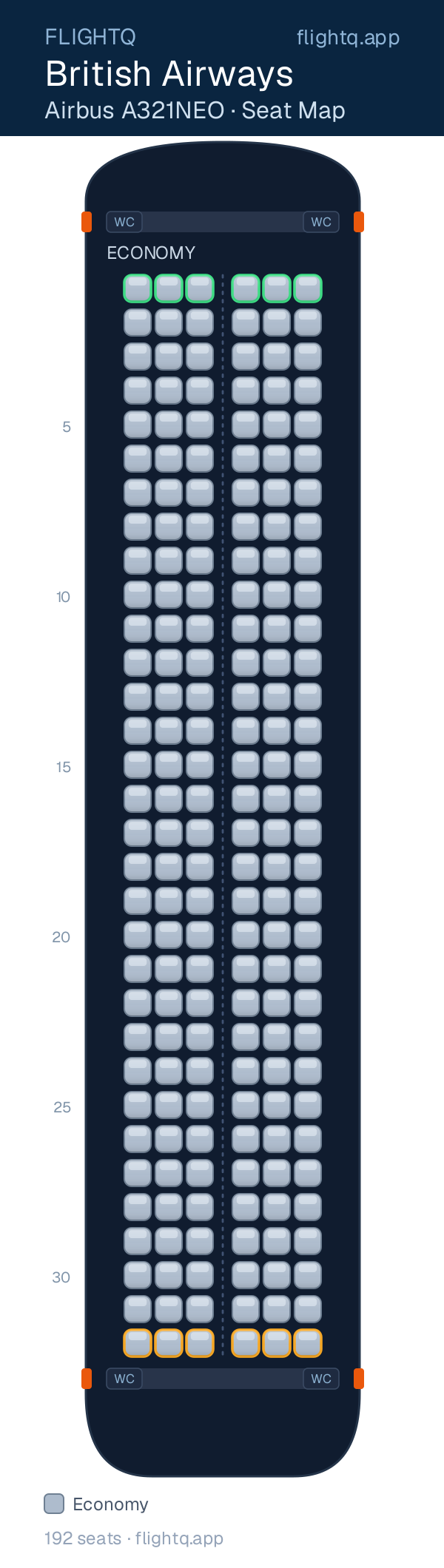 British Airways Airbus A321 seat map with 192 seats — best seats and rows to avoid
