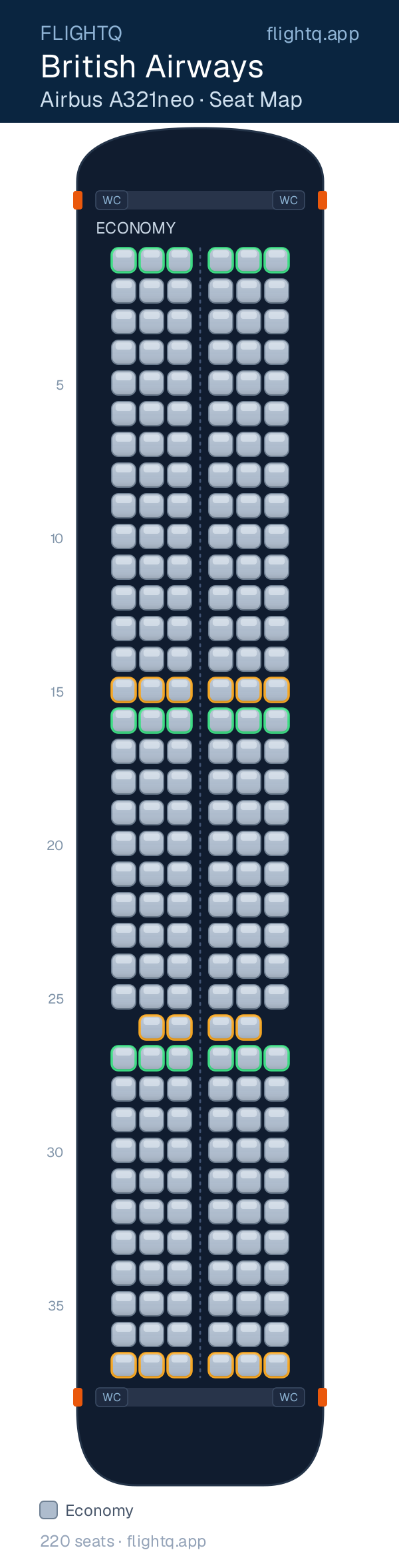 British Airways Airbus A321 seat map with 220 seats — best seats and rows to avoid