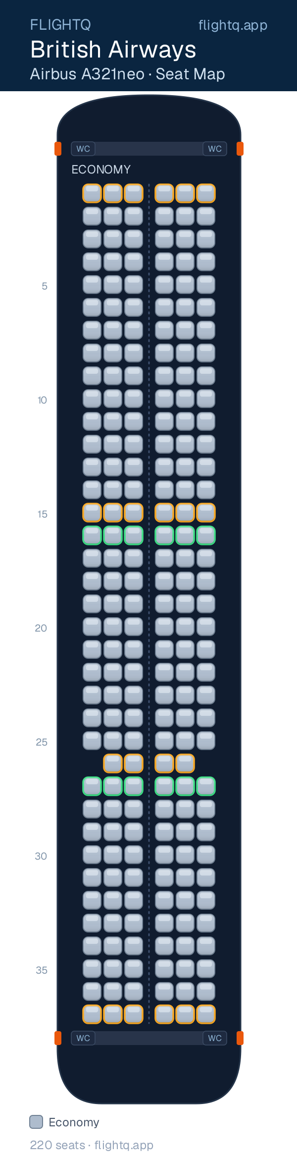 British Airways Airbus A321 seat map with 220 seats — best seats and rows to avoid