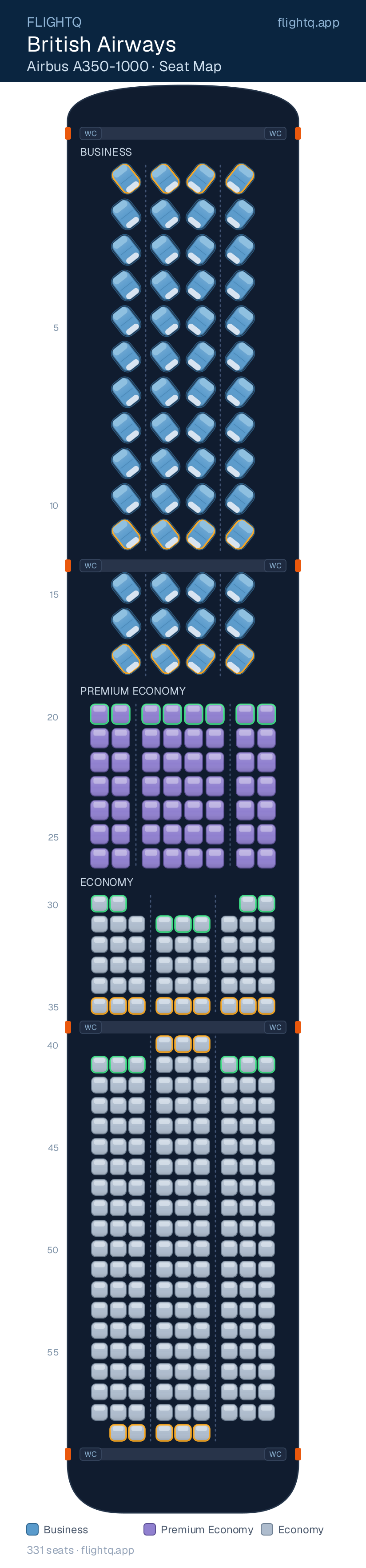 British Airways Airbus A350-1000 seat map with 331 seats across 3 cabins — best seats and rows to avoid